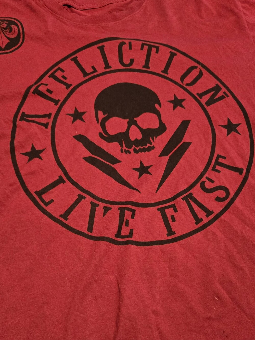 Affliction Red Short Sleeve Tee with Black Skull Seal Graphic